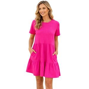 GAP Hot Pink Cotton Short Sleeve Tiered Dress with Pockets – Women’s L
